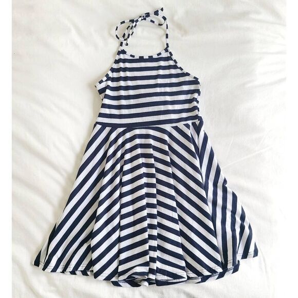 Minkpink Mini Halter Dress Women's Medium Blue White Striped Sleeveless Pleated - Picture 1 of 5